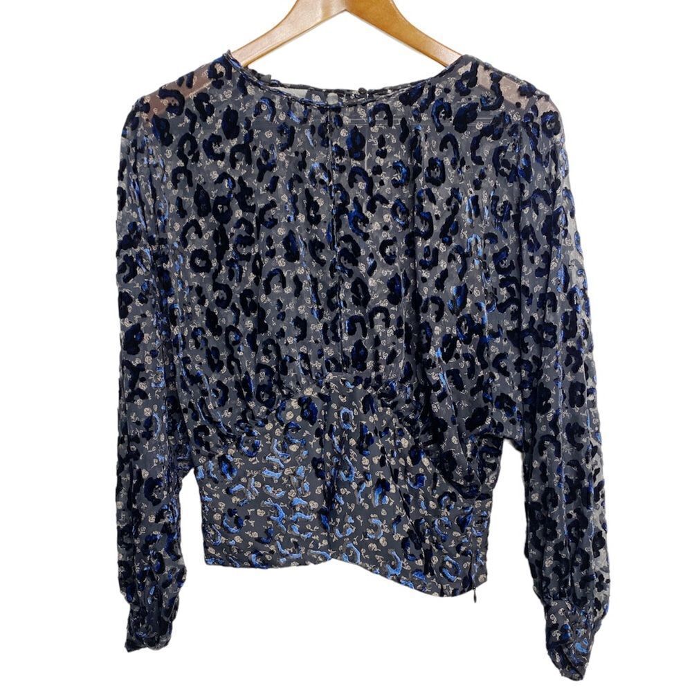 Balloon Sleeve Open Slit Felt Leopard Peplum Blouse Black and Blue Size Small